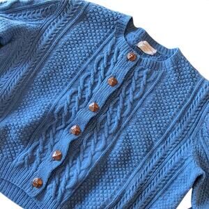 Specially Hand Made By Nancy Cornflower Blue Cable Knit Cardigan Wooden Buttons
